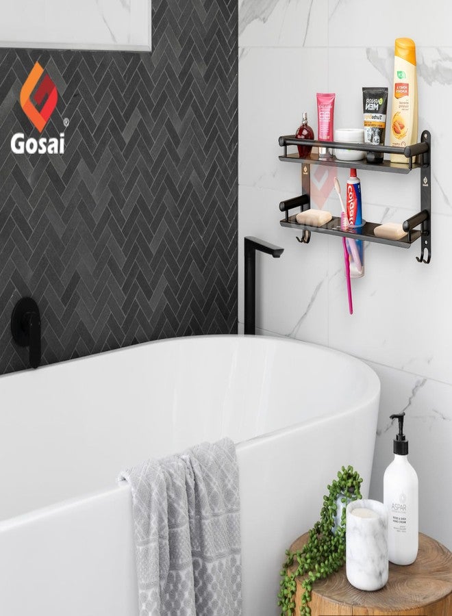GOSAI مجموعة إكسسوارات حمام من الفولاذ المقاوم للصدأ من جوساي، رف حمام أسود من طبقتين مع علبة صابون وحامل فرشاة أسنان وخطاف | رف حمام | حامل أكواب | علبة صابون | منظم حمام (16×5×9 بوصة) - Image 5